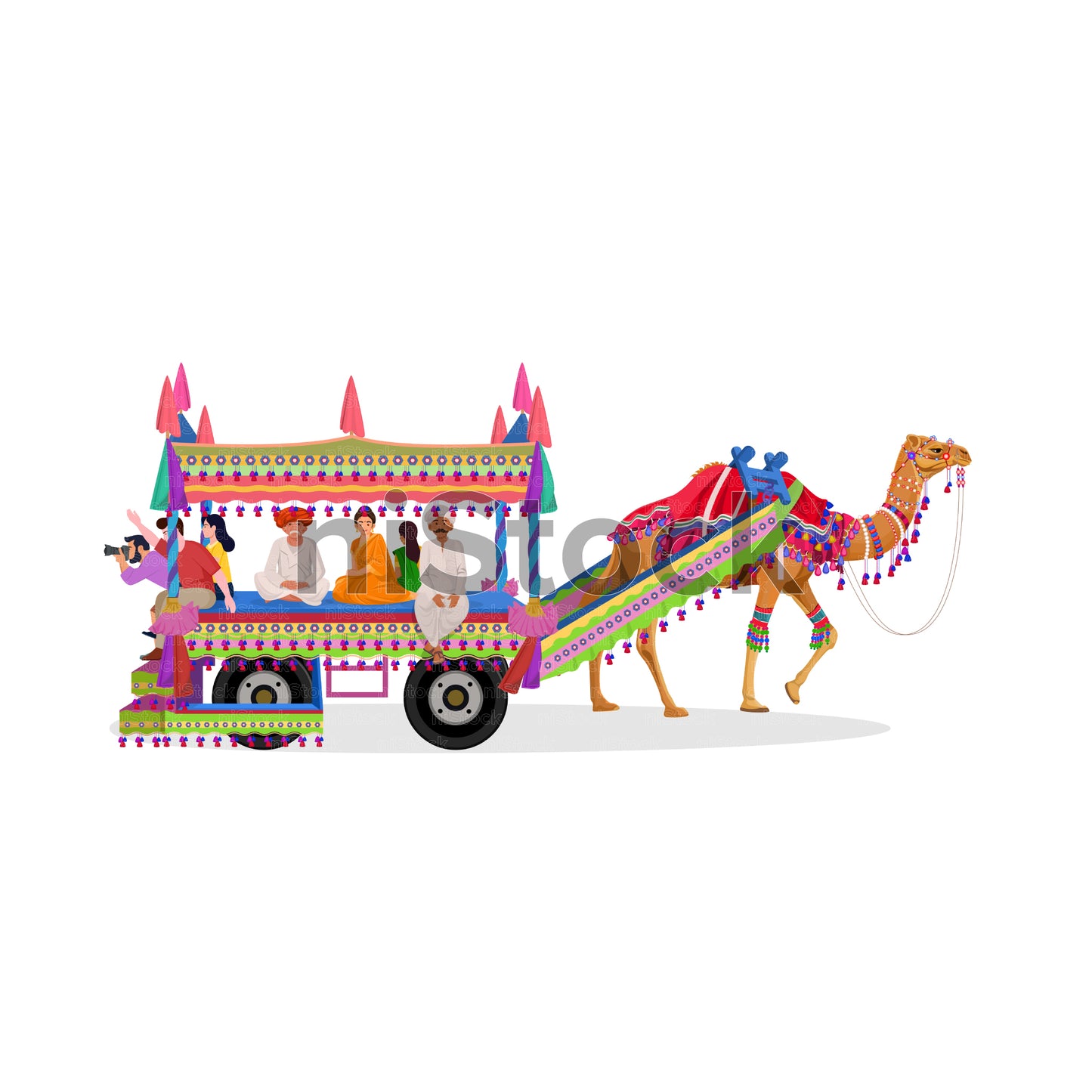 Decorated Camel Cart in Indian Desert, Digital Vector Illustration