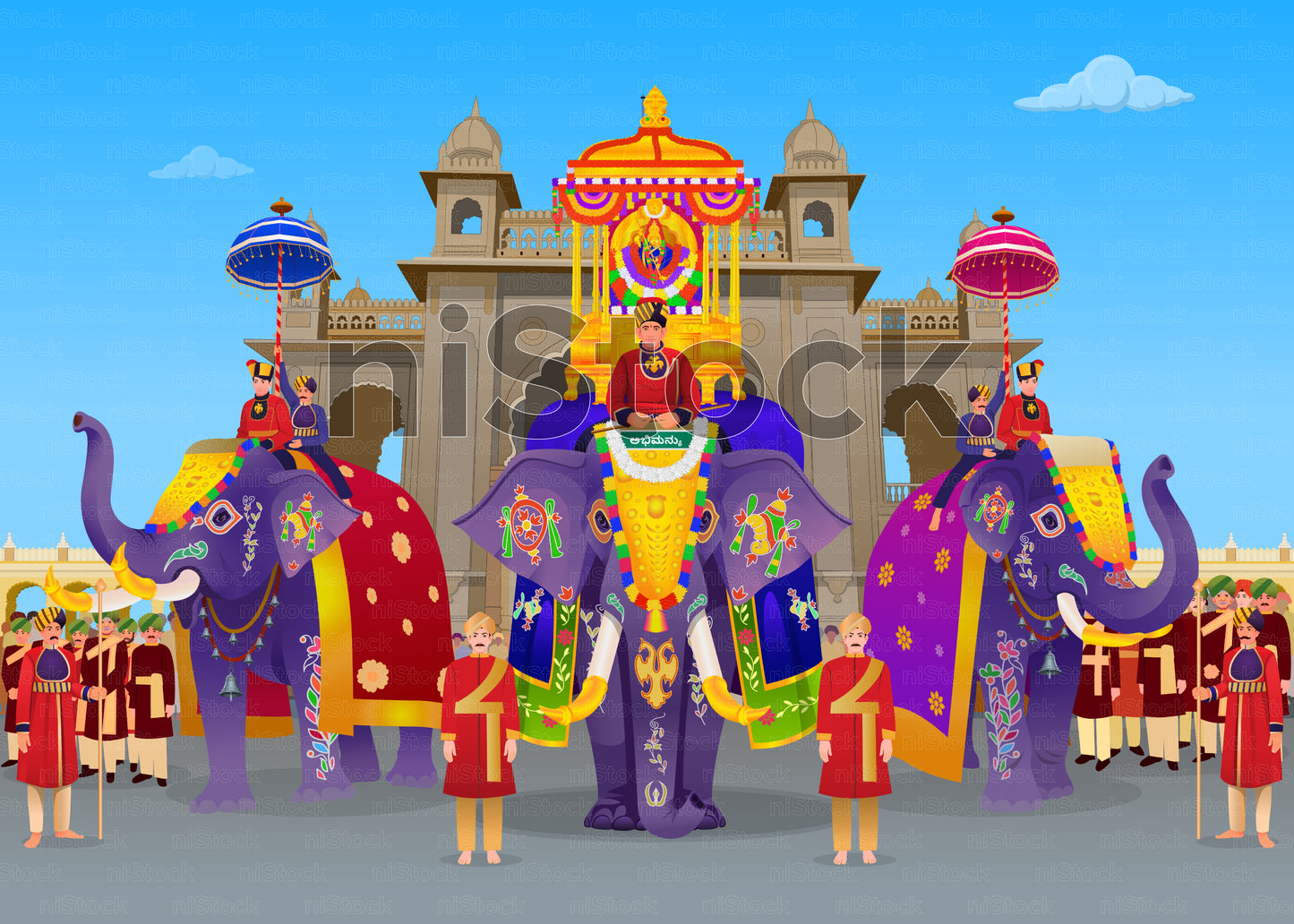 Mysore Dasara Elephant in Front of Palace, Digital Vector Illustration