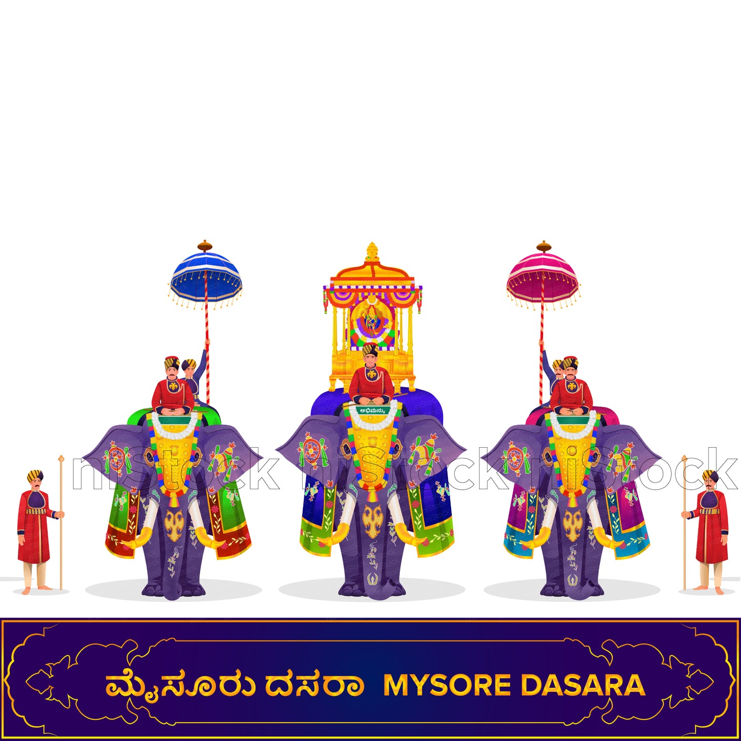 Mysore Dasara Festival Procession Elephants, Digital Vector Illustration