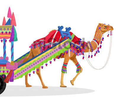 Decorated Camel Cart in Indian Desert, Digital Vector Illustration
