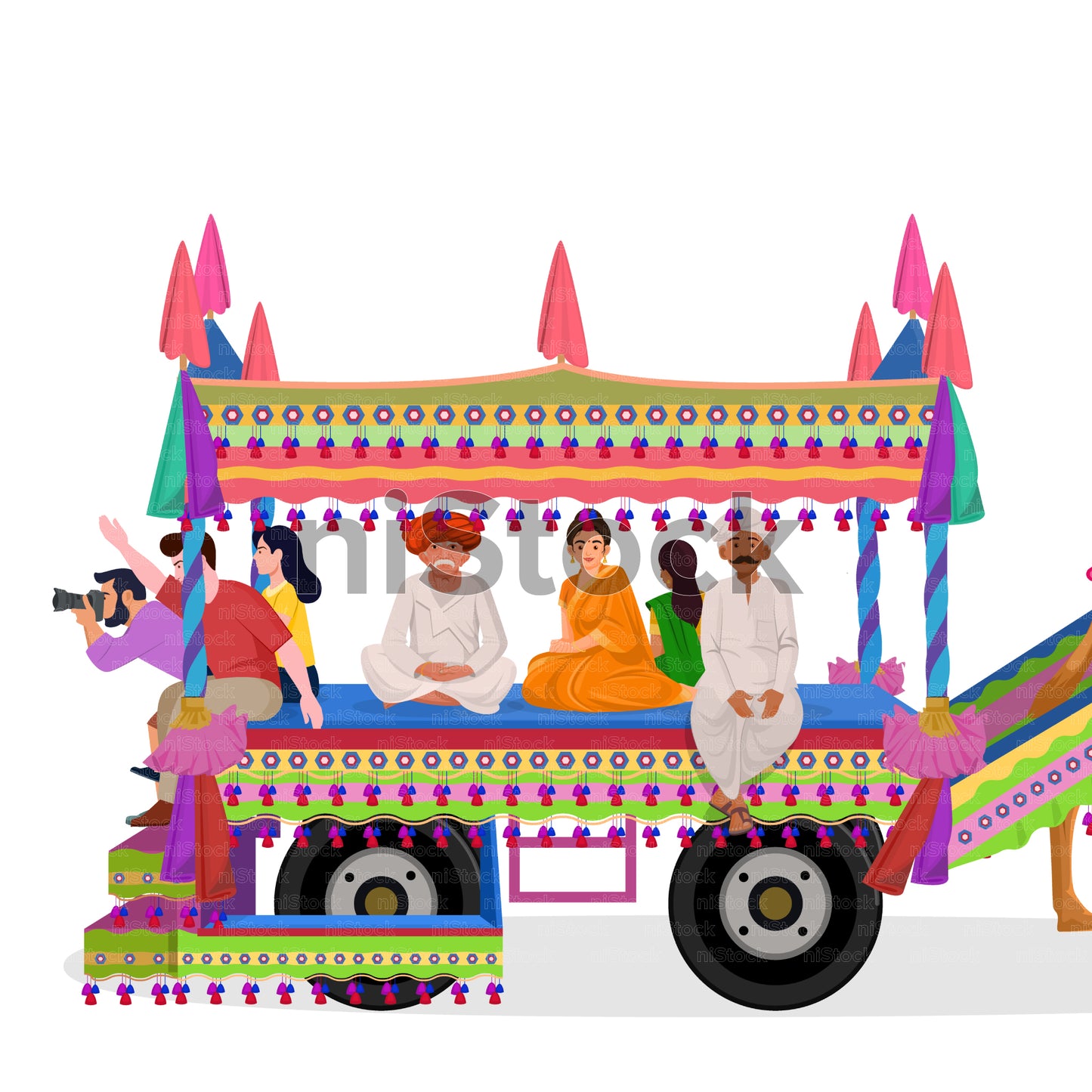 Decorated Camel Cart in Indian Desert, Digital Vector Illustration