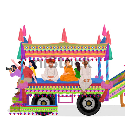 Decorated Camel Cart in Indian Desert, Digital Vector Illustration