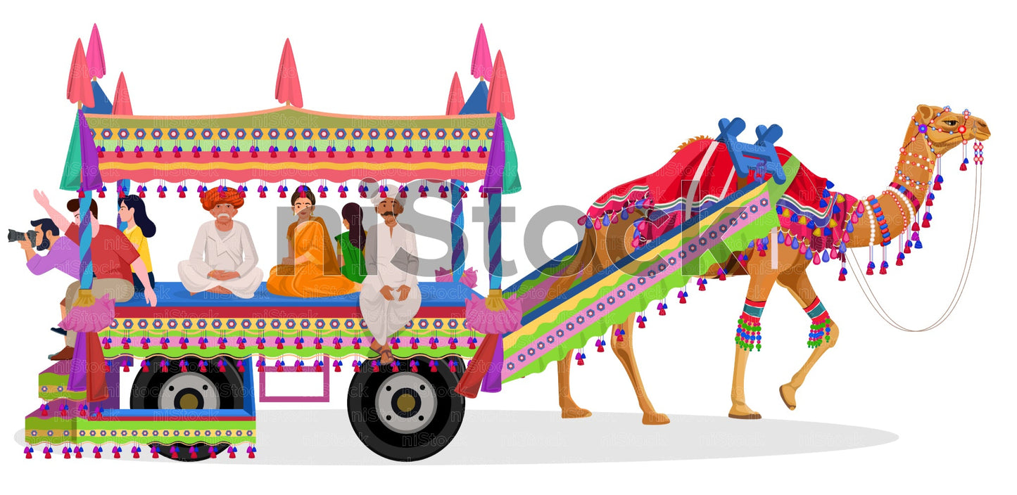 Decorated Camel Cart in Indian Desert, Digital Vector Illustration