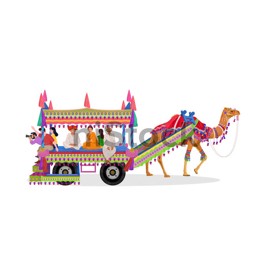 Decorated Camel Cart in Indian Desert, Digital Vector Illustration