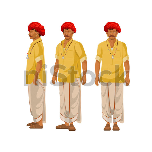 Indian Village Man Character Turnaround Digital Vector Illustration