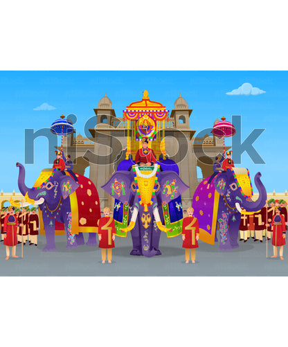 Mysore Dasara Elephant in Front of Palace, Digital Vector Illustration