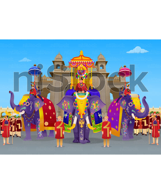Mysore Dasara Elephant in Front of Palace, Digital Vector Illustration