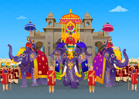 Mysore Dasara Elephant in Front of Palace, Digital Vector Illustration
